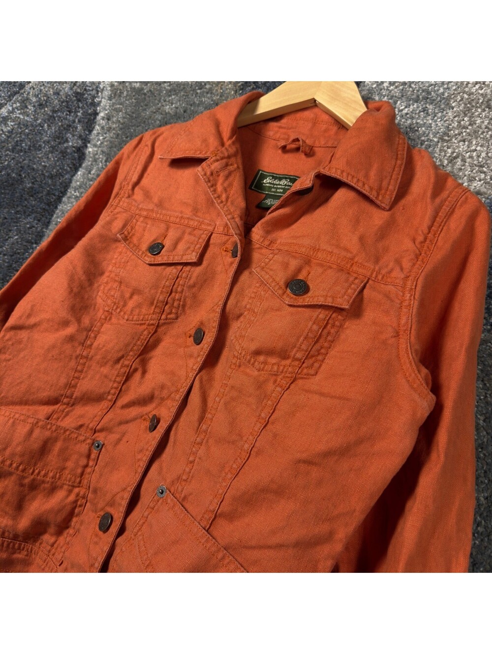 Eddie Bauer Linen Trucker Jacket Womens S Burnt Orange